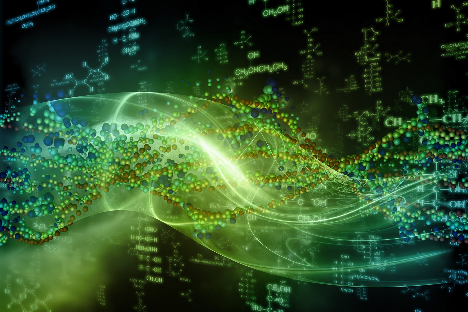 Molecular Dreams series. Arrangement of conceptual atoms, molecules and fractal elements on the subject of biology, chemistry, technology, science and education